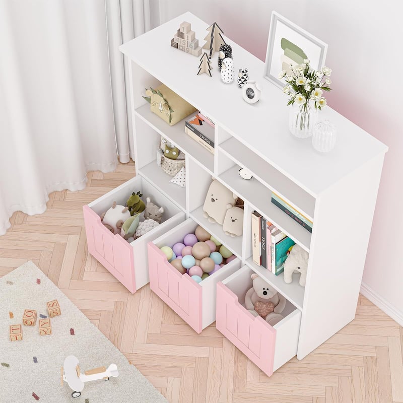 3-Tier Toy Storage Cabinet and Bookcase, Multi Shelf with Cubby Organizer Cabinet