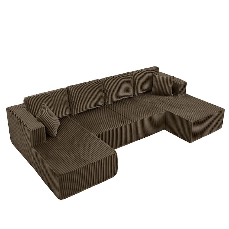 U-Shaped Modular Sectional Sofa with Dual Chaise Lounges, Oversized Corduroy Boneless Couch, Compressed Sofa with Pillows