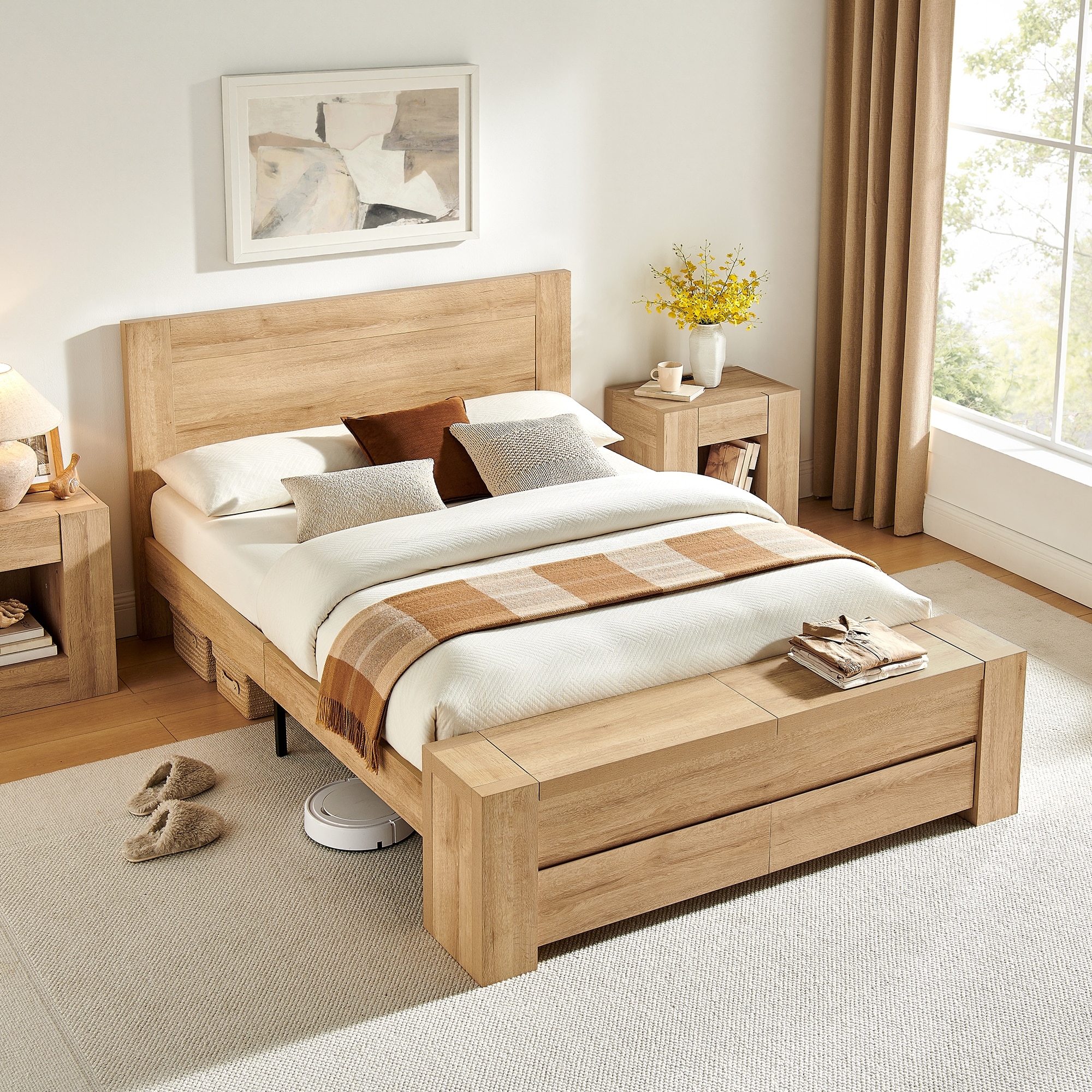 Modern Queen Size Bed Frame with Headboard & Footboard Storage
