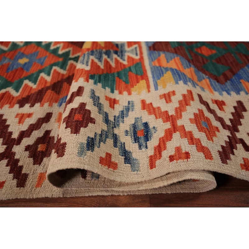 Geometric Kilim Reversible Area Rug Hand-Woven Wool Carpet - 8'0" x 11'10"