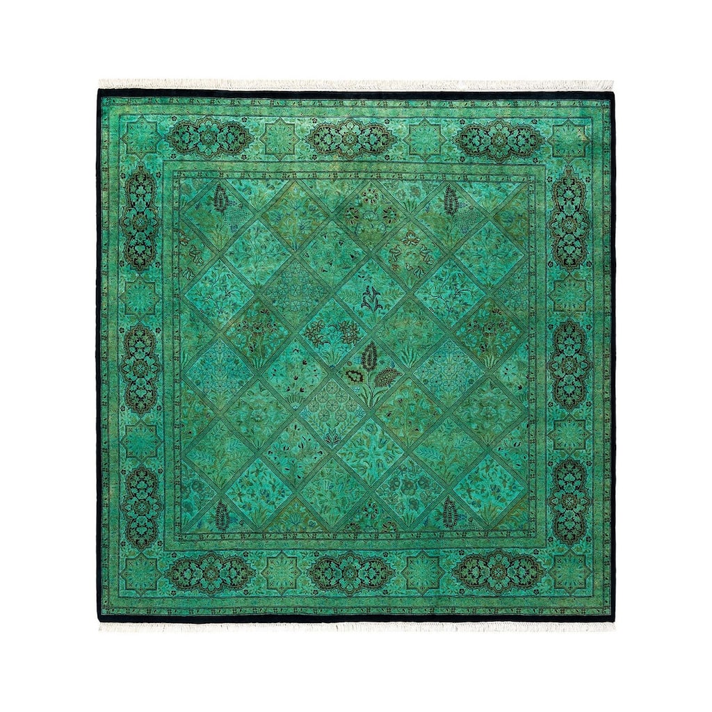 Overton Hand Knotted Wool Vintage Inspired Modern Contemporary Overdyed Green Square Area Rug - 6' 3" x 6' 5"