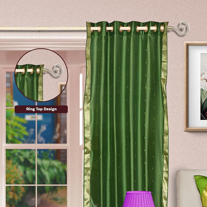 Forest Green Ring Top Sheer Sari Curtain / Drape / Panel - Piece