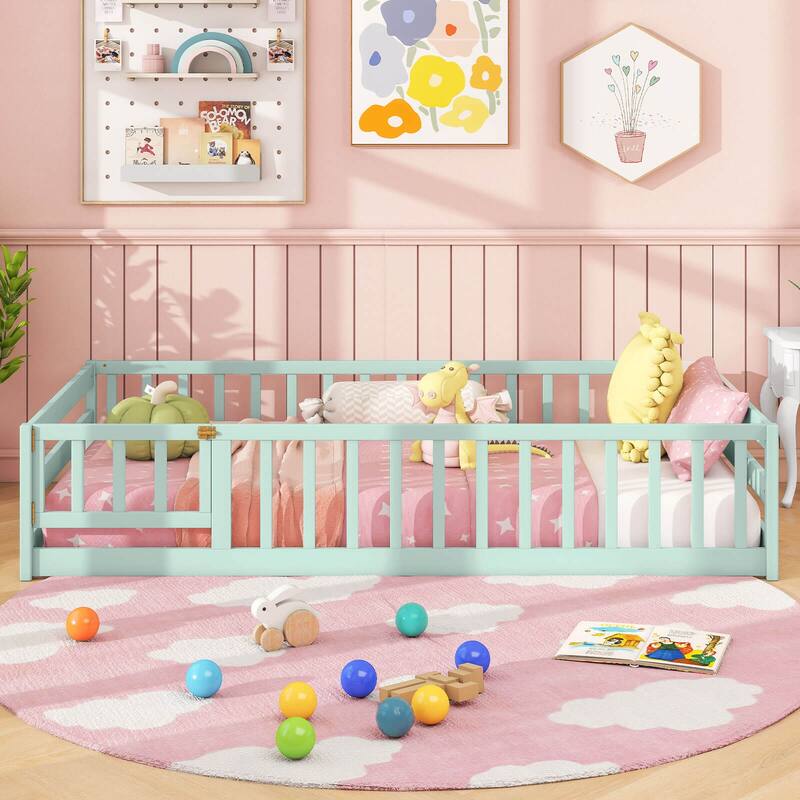 Costway Twin Size Floor Bed with Door & Fence with Safety Guardrails & - Mint Sky