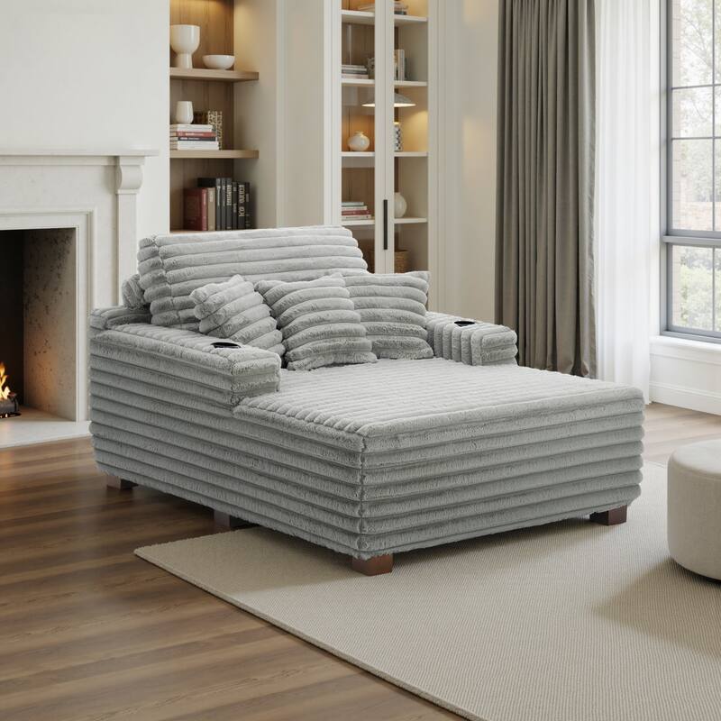 53"W Oversized Plush Fur-Like Chaise Lounge Sofa with Cup Holder - 1-piece - Light Grey-Single