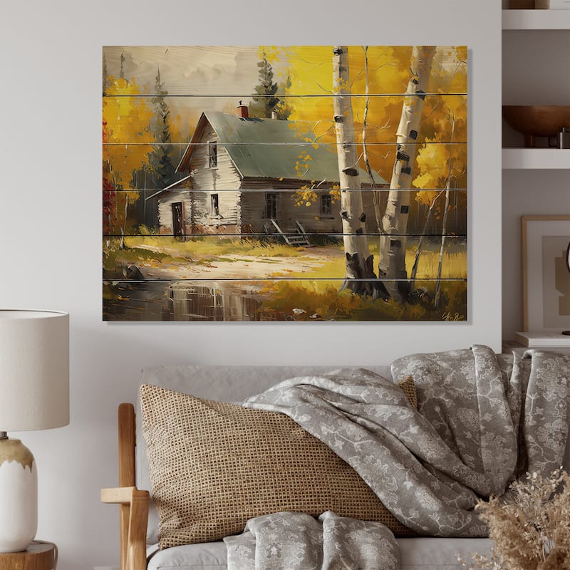Designart 'Small Cottage In Autumn II' Cottage Landscape Wood Wall Art ...