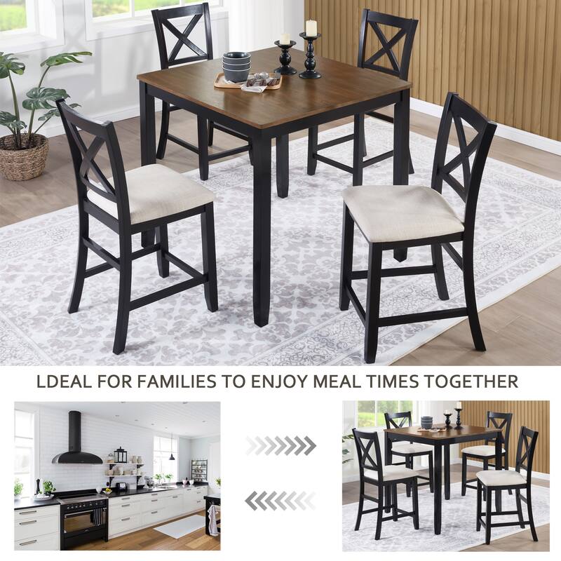 GDFStudio - Montara 5-Piece Farmhouse Wooden Square Counter Height Dining Table Set with 4 Upholstered Chairs
