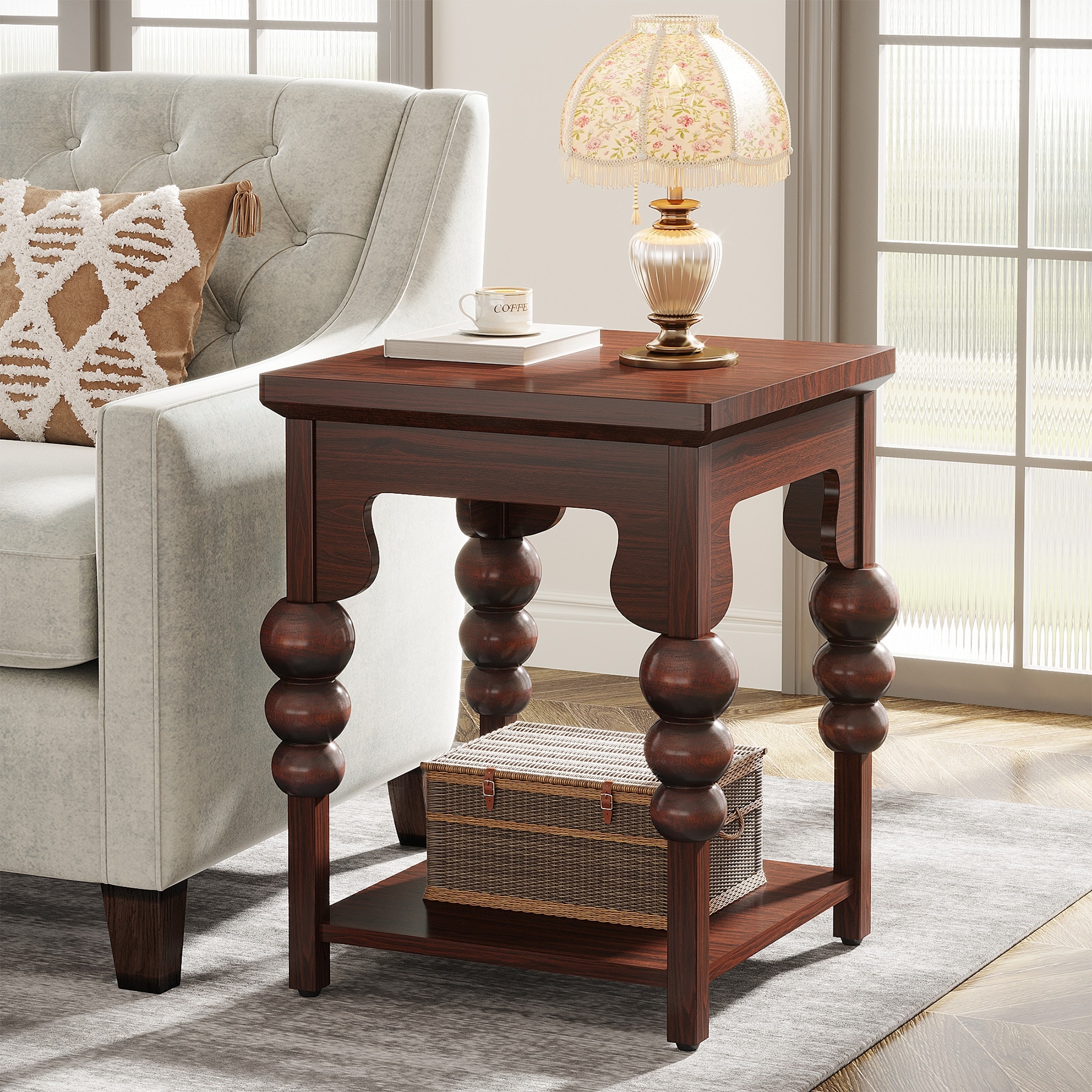 Traditional End Table All Wood Side Table with 2 Tiers Storage