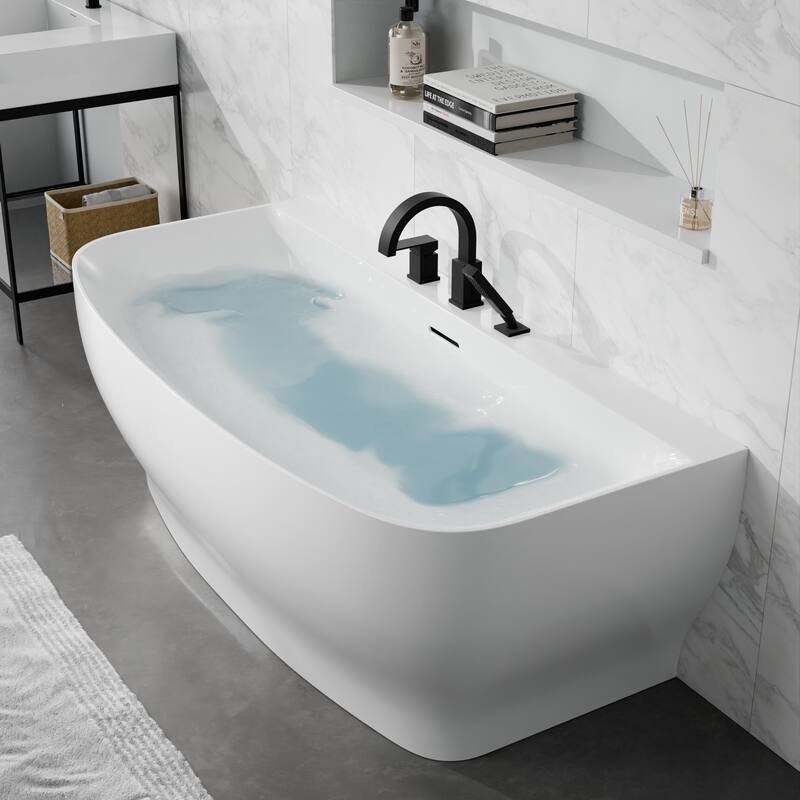 Bank Series 65 in. x 31 in. Flat Bottom Acrylic Freestanding Soaking Bathtub with Center Drain, Matte Black Faucet