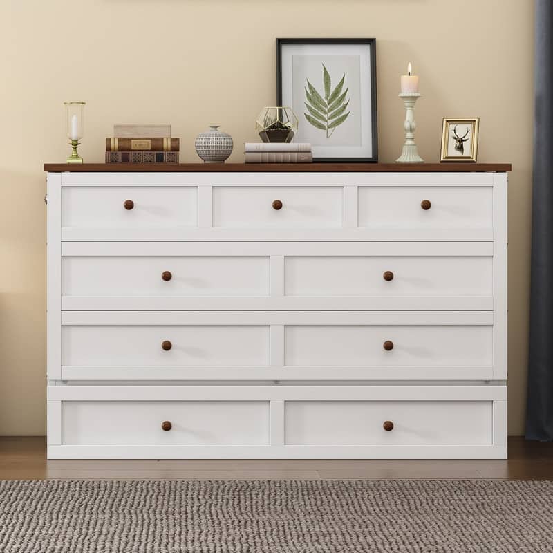 Modern Platform Murphy Bed, Full/Queen Size Mobile Murphy Cube Cabinet Bed w/ Drawer and Charging Station, Wood Murphy Bed Chest