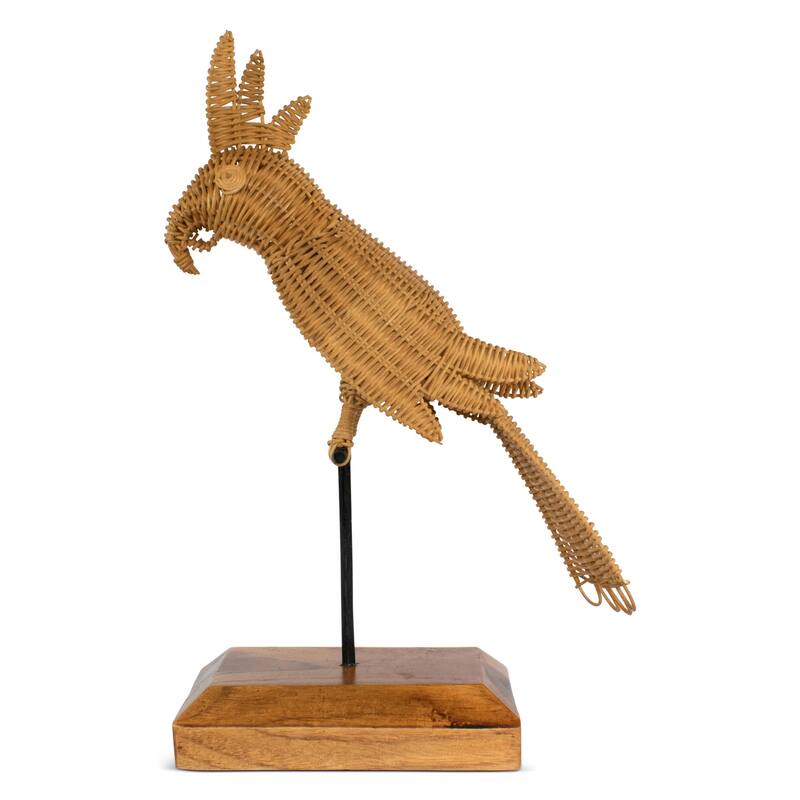 Rattan Cockatoo Parrot Sculpture - Hand Woven Tropical Decor, Boho Bird Accent on Wood Stand - 17" tall x 10" wide x 5" deep