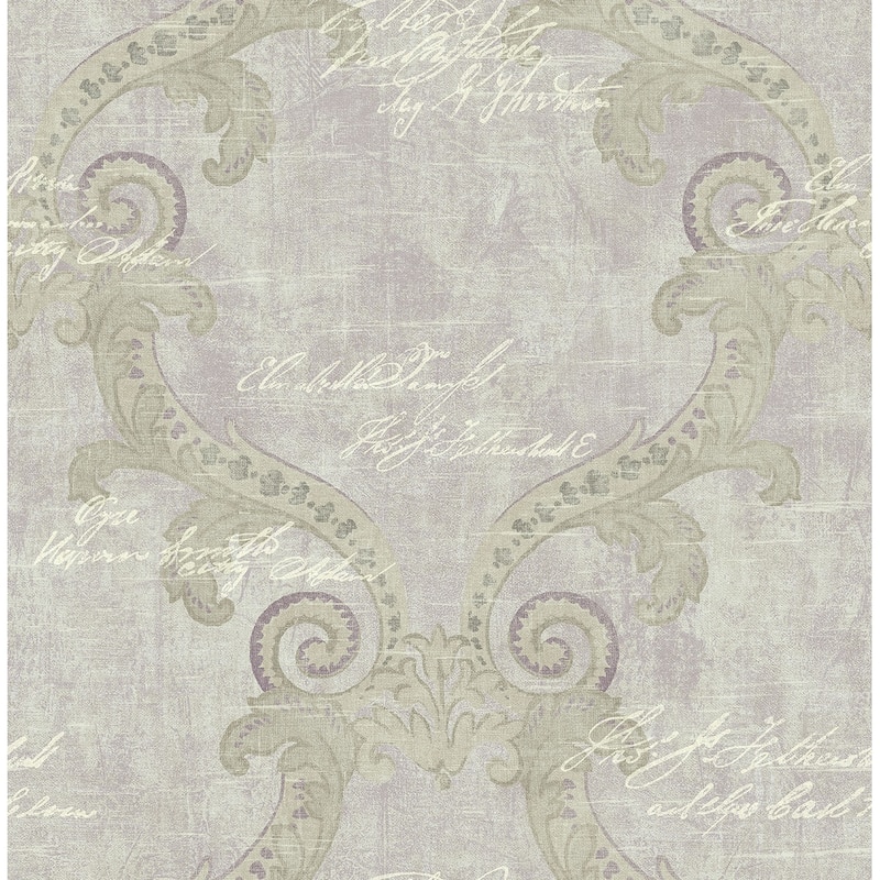 Seabrook Designs Elbert Framed Calligraphy Unpasted Wallpaper - 20.5 in. W x 33 ft. L - Metallic Lavender