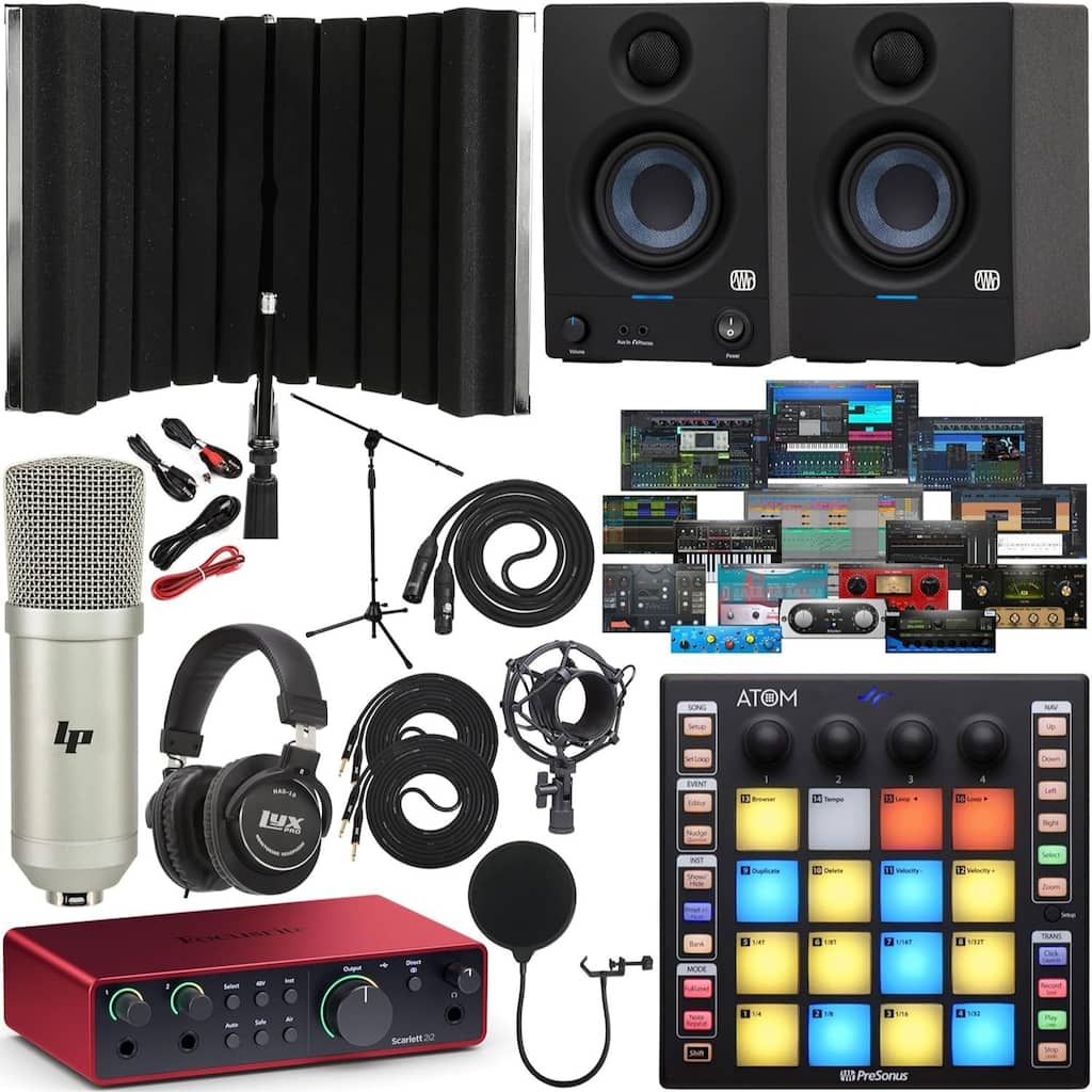 Focusrite Scarlett 2i2 4th-Gen USB-C bundle with mic, monitors, headphones & shield