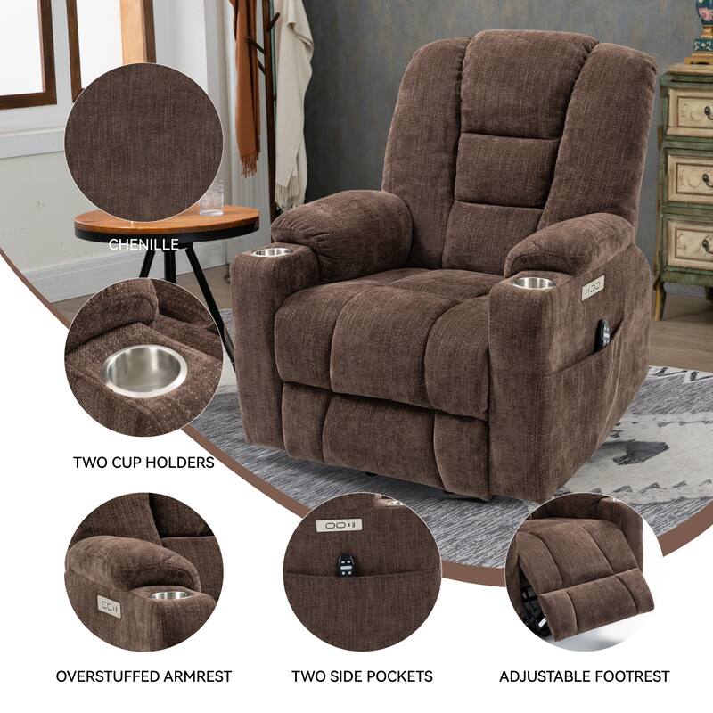 Grey Large Power Lift Recliner with Massage, Heat, USB, and Cup Holders