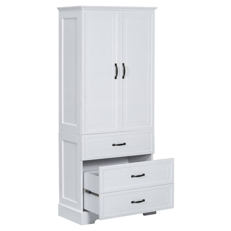 Roomfitters Tall Bathroom Storage Cabinet with Two Doors and Drawers, Adjustable Shelf and Sleek MDF Frame, White