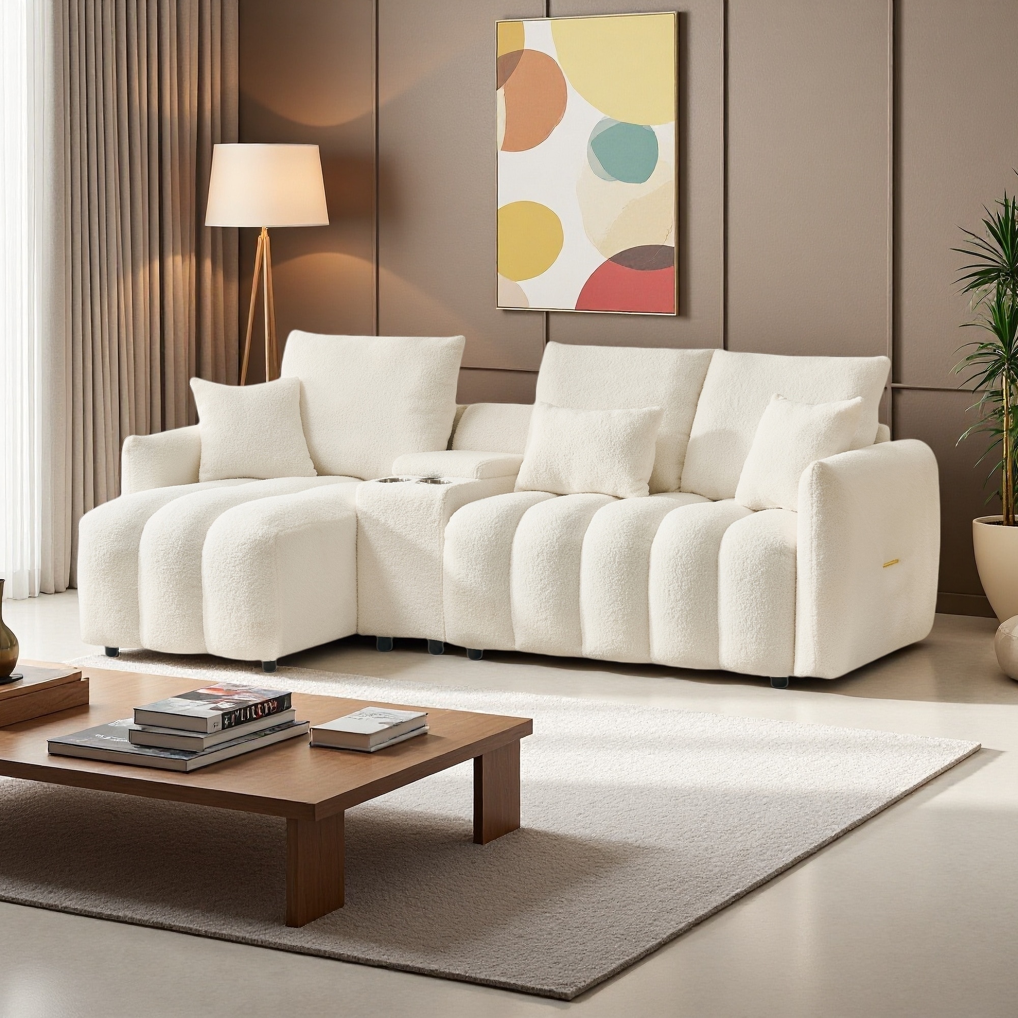 91.3" Teddy Fabric L-Shaped Sectional Sofa with USB Charging Console with Storage