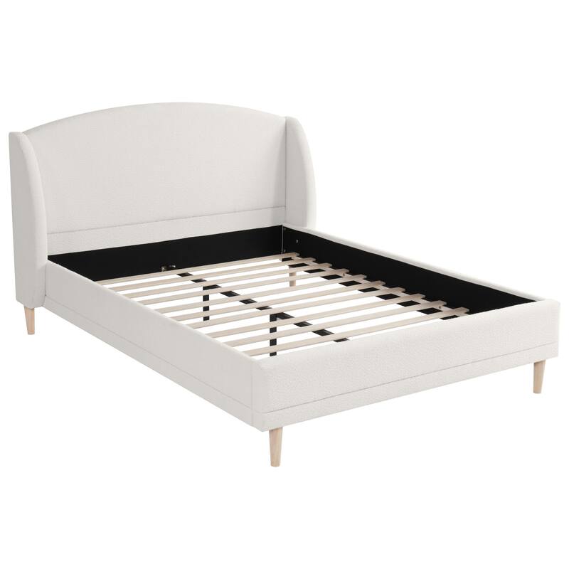 Boucle Upholstered Platform Bed with Rounded Corner Wingback Headboard