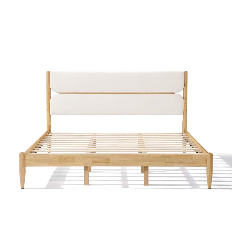 Roomfitters King Size Solid Wood Platform Bed Frame with Upholstered Fleece Headboard, Ivory