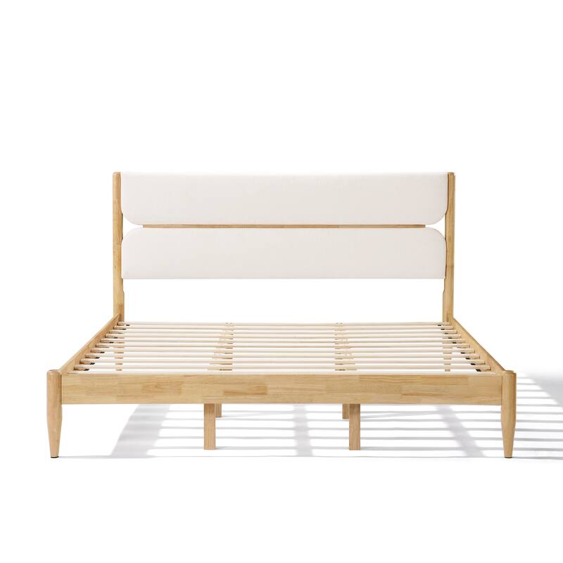 Solid Wood Platform Bed Frame with Ivory Fleece Upholstered Headboard, Wood Slats Support and Center Wood Legs