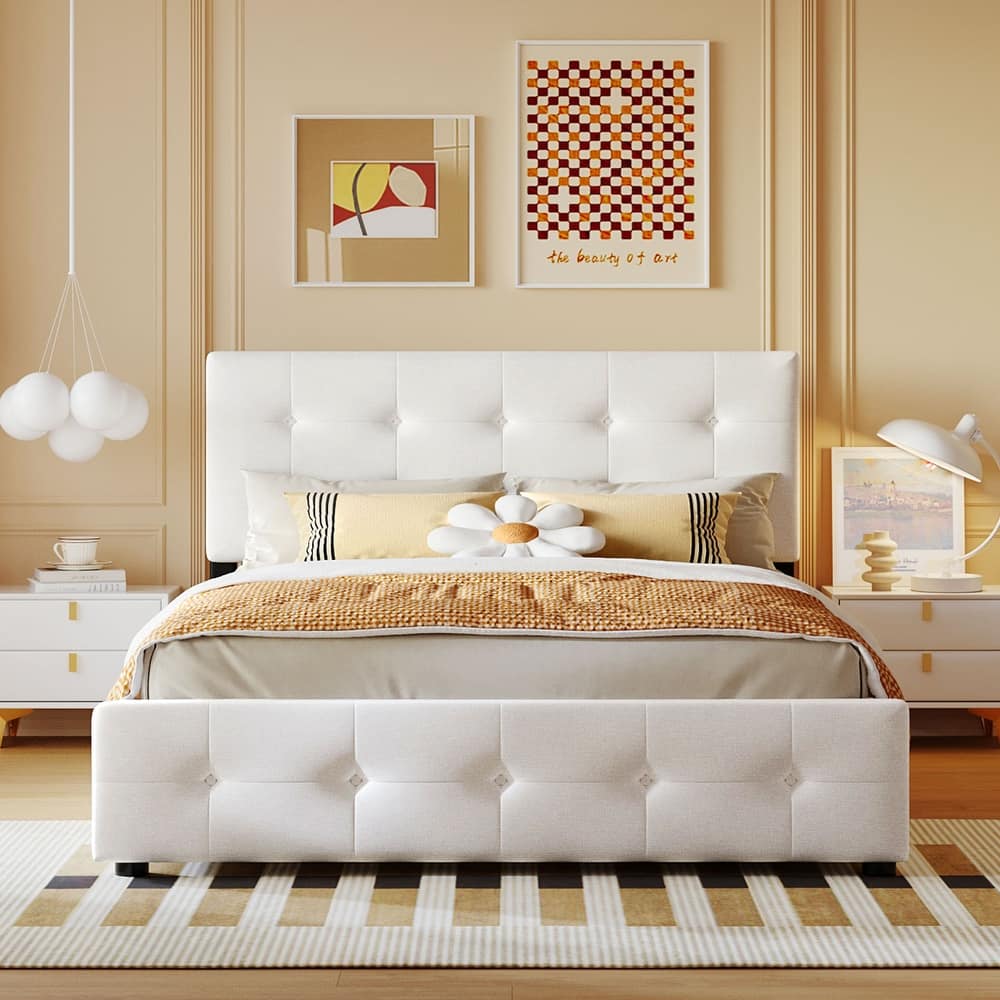 Queen Size Tufted Platform Bed Linen Upholstered Bed with 4 Drawers