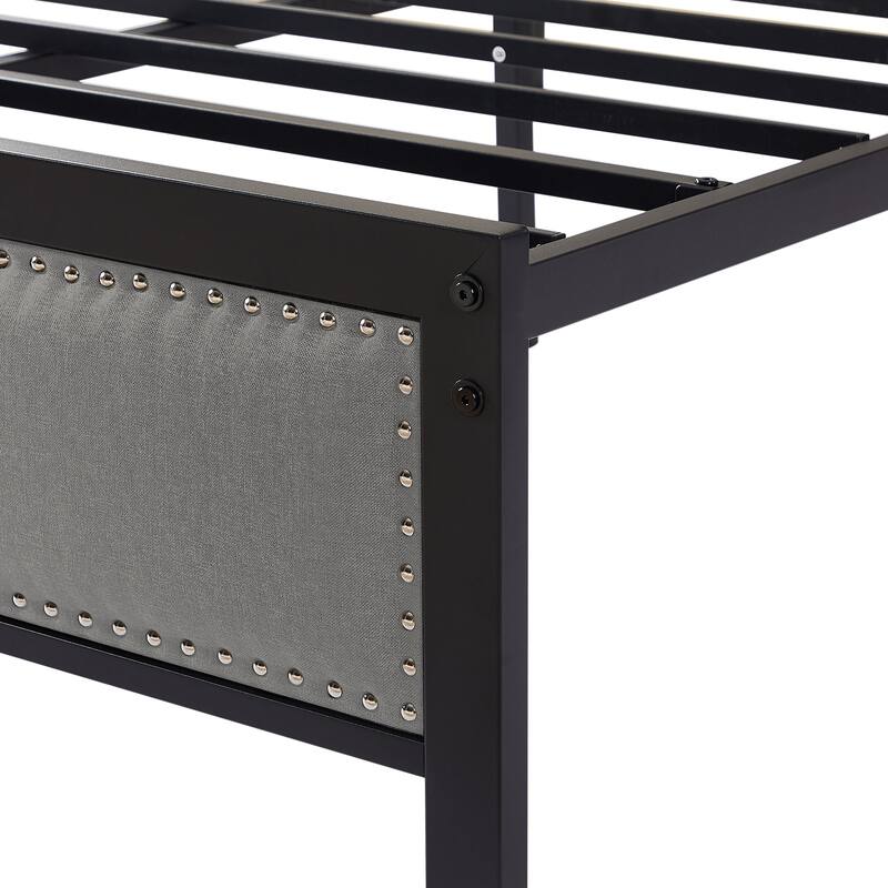 Metal Bed Frame with Linen Upholstered Nailhead Headboard, Platform Bed with 12.6" Under Bed Storage, No Box Spring Needed