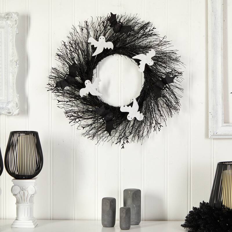 Ghost and Bats Artificial Halloween Twig Wreath - 22" - Unlit