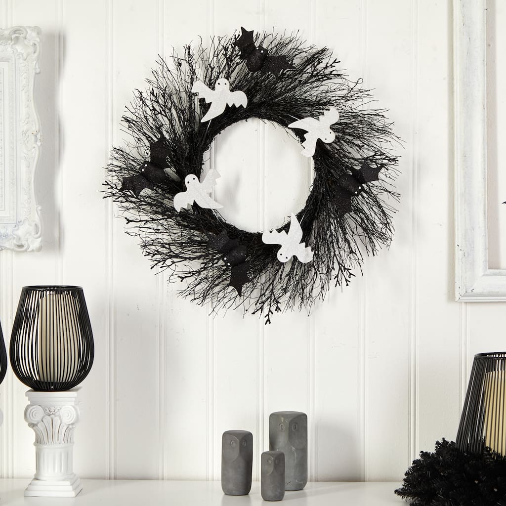 Ghost and Bats Artificial Halloween Twig Wreath - 22" - Unlit