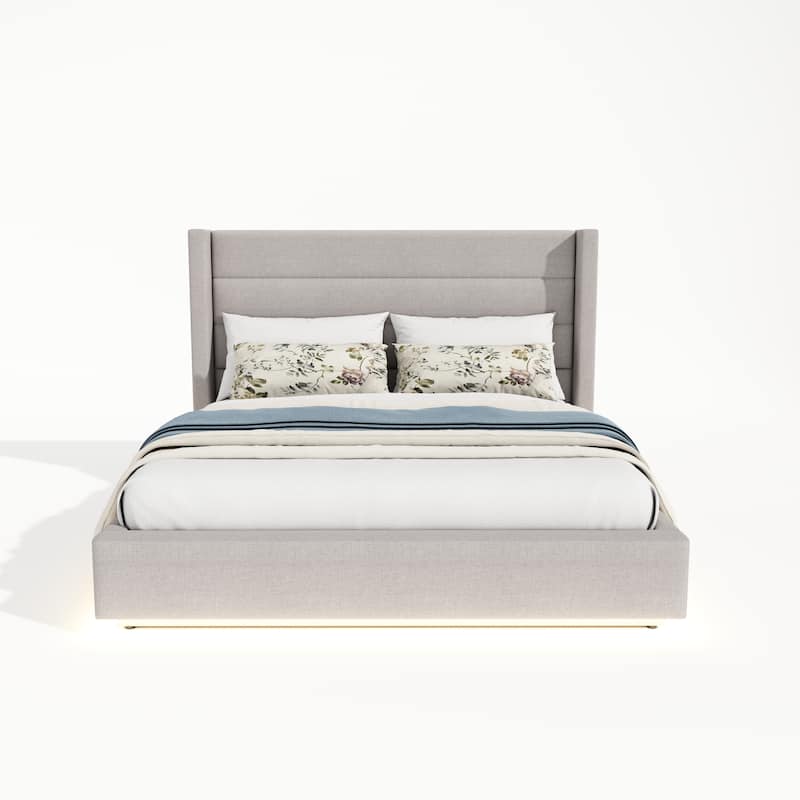 Greige Bed Frame Queen Size Platform Bed with Ambient Lighting on Footboard Side Rails, Linen Fabric Corner Wingback Bed
