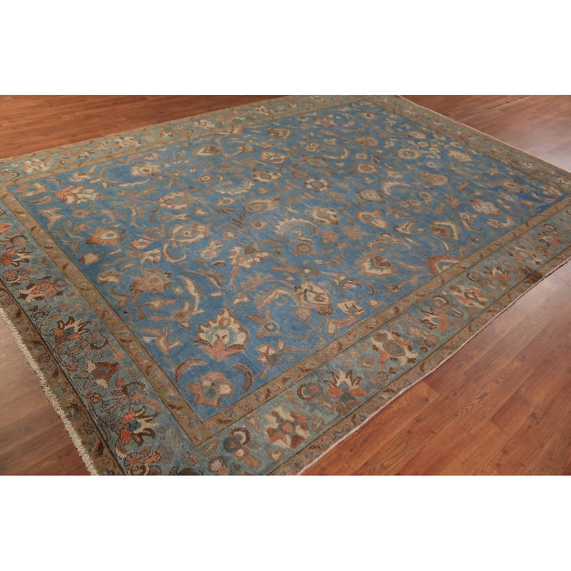 All-Over Floral Blue Tabriz Persian Area Rug Hand-Knotted Wool Carpet - 7'10"x 11'0"
