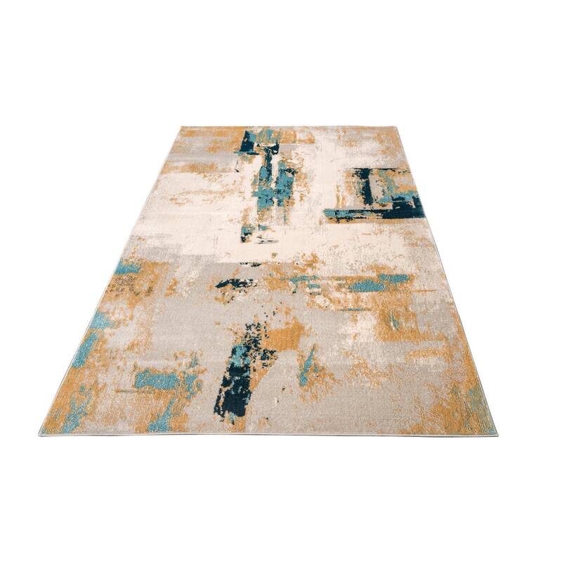 Modern Minimalistic Rustic Abstract Orange Mustard Blue Ivory Area Rug