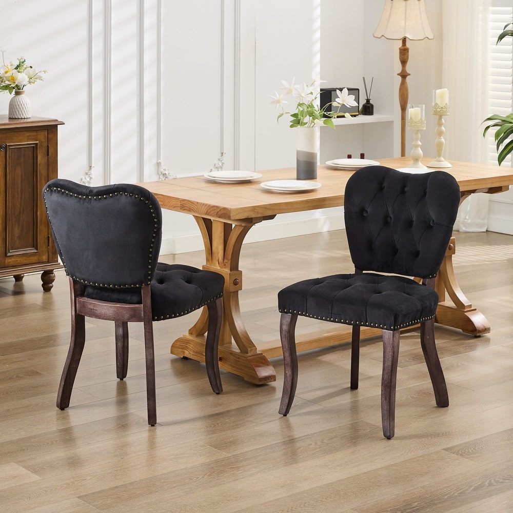 French Vintage Tufted Upholstered Fabric Dining Chair Set of 2 - Beige