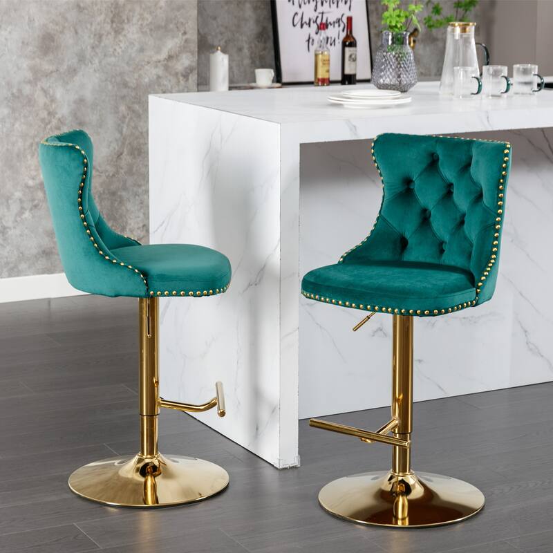 Roomfitters Swivel Velvet Bar Stools Set of 2, Adjustable Height Tufted Upholstered Counter Chairs with Gold Base - Green
