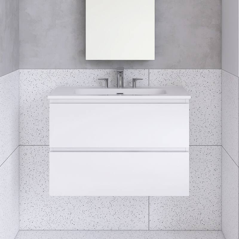 Floating Integrated Bathroom Vanity with Ceramic Sink, Three Faucet Holes - 29.9'' x 18.3'' x 21.1'' - White