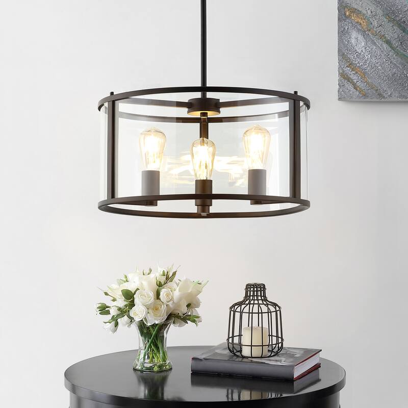 SAFAVIEH Lighting Burcin 3-Light Led Adjustable Pendant - 18" W x 18" L x 18.25-48.25" H - Clear/Oil-Rubbed Bronze - 18Wx18Dx48H