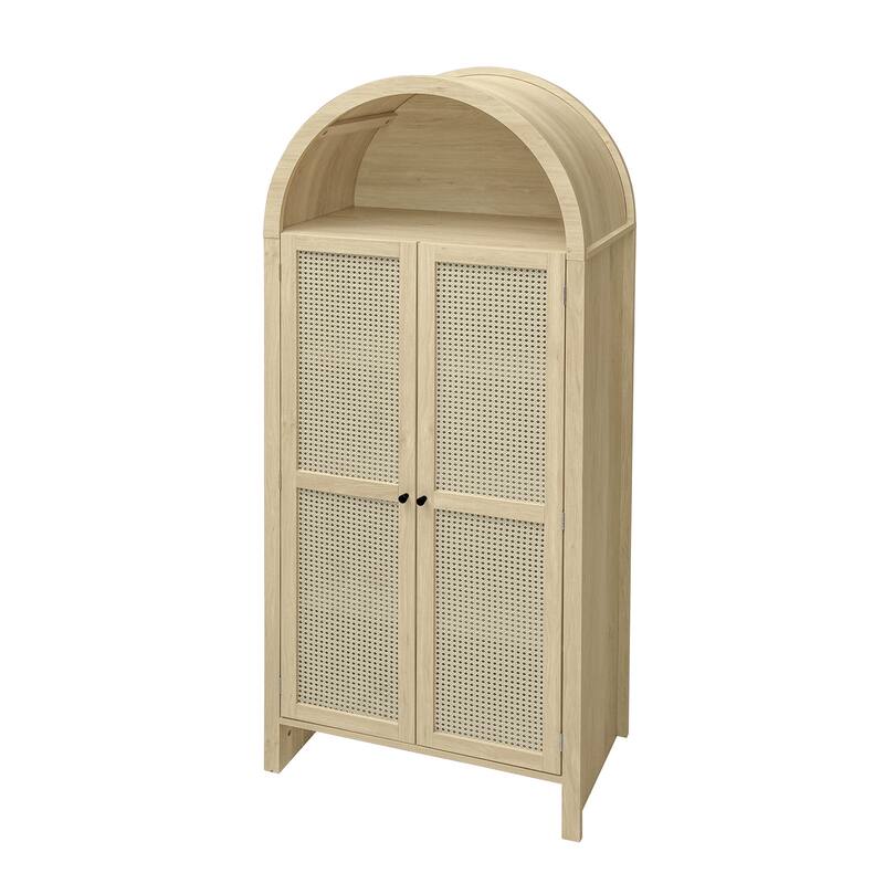 GDFStudio - Arched Natural Rattan Tall Pantry Storage Cabinet with Adjustable Shelves