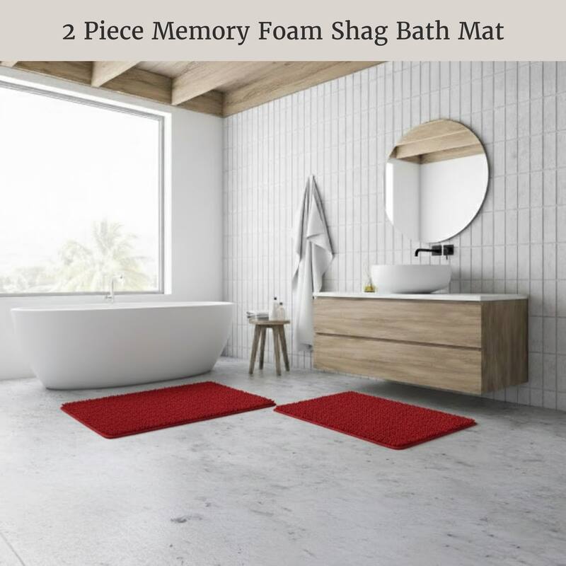 Bathroom Rugs - 2-Piece Memory Foam Bathroom Set with Chenille Shag Top and Non-Slip Base by Windsor Home
