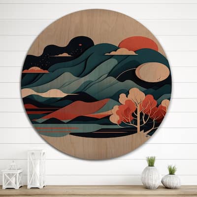 Designart "Full White Moon Over The Mountains IV" Landscape Mountains Wood Wall Art - Natural Pine Wood