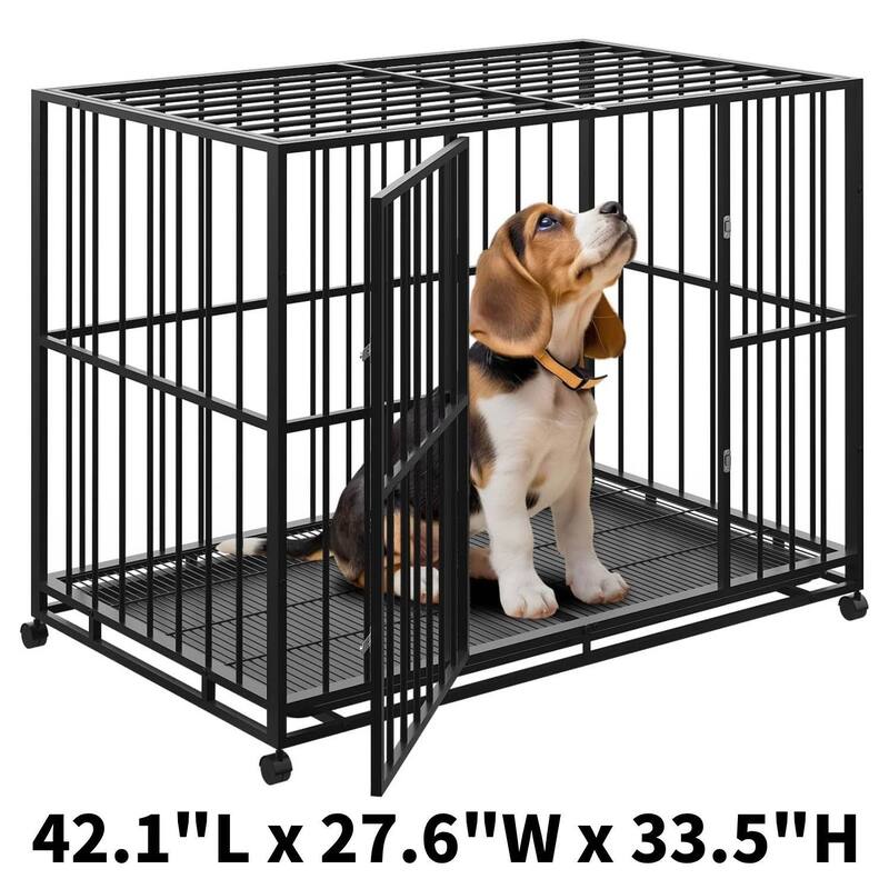 Heavy Duty Foldable Steel Dog Crate Chew-Resistant Kennel with Locking Wheels - 42 inch