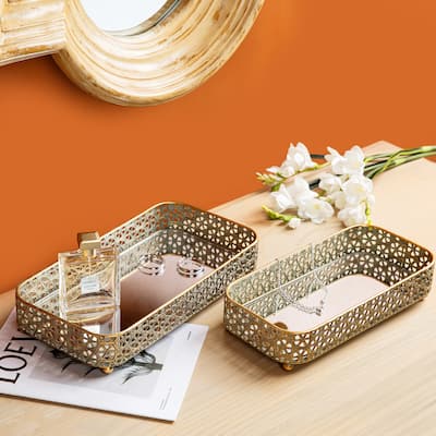 Glitzhome Set of 2 Rectangle Metal Gold Mirrored Decorative Trays -12"L & 14"L