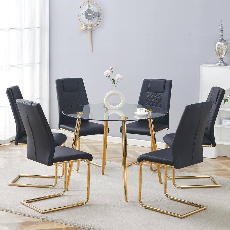 Roomfitters 7pcs Glass Dining Table Set with Gold Metal Legs and PU High Back Chairs, Modern Luxury Furniture, Black