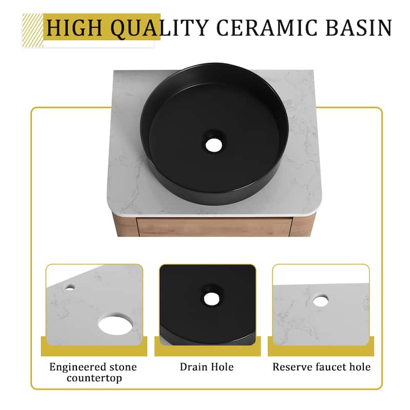 24'' Wall-Mounted Bathroom Vanity With Ceramic Art Sink & 1-Soft-Close Door,KD-Packing, Plywood