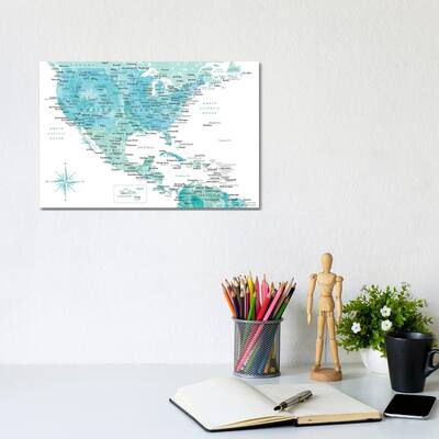 iCanvas "Map Of The Usa And The Caribbean Area In Aquamarine Watercolor" by blursbyai Canvas Print