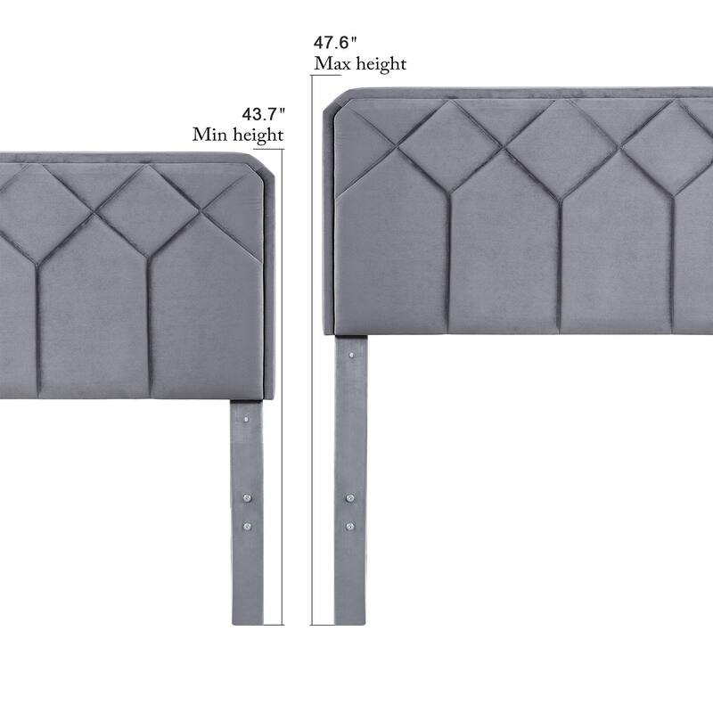 VECELO Adjustable Height Velvet Headboard Grey Bed Frame with Diamond Tufted Twin/Full/Queen Sizes Frame with Center Support Leg