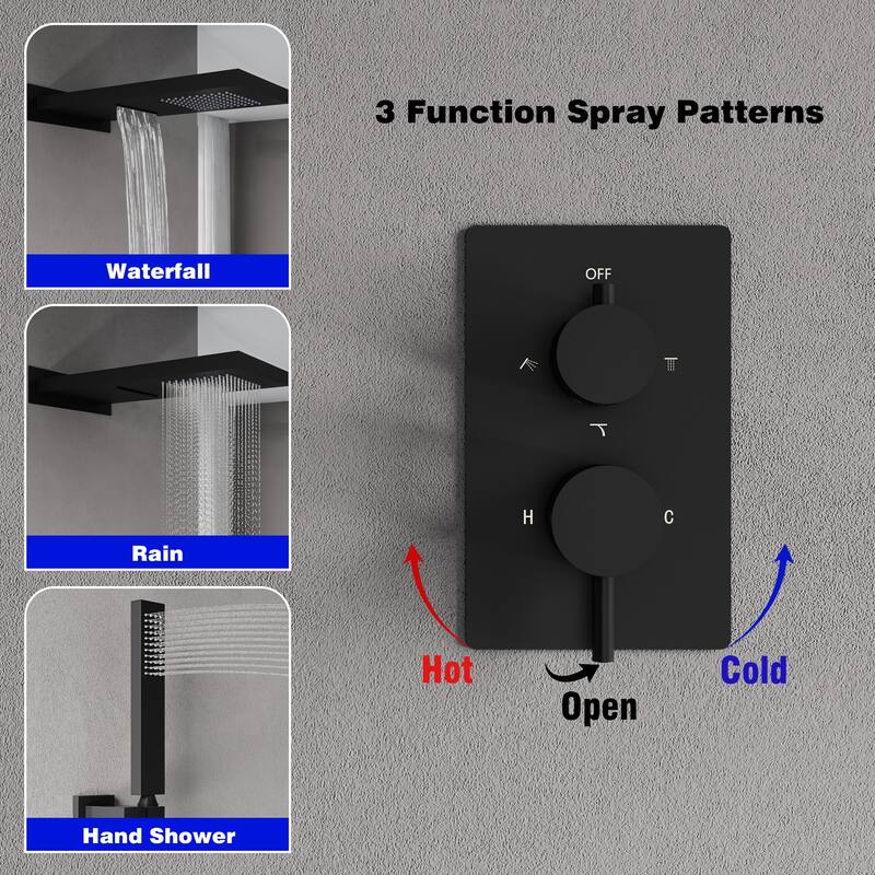 3-Function 22 in. Rectangle Wall Mount Rainfall Shower System With Hand shower(Valve Included)