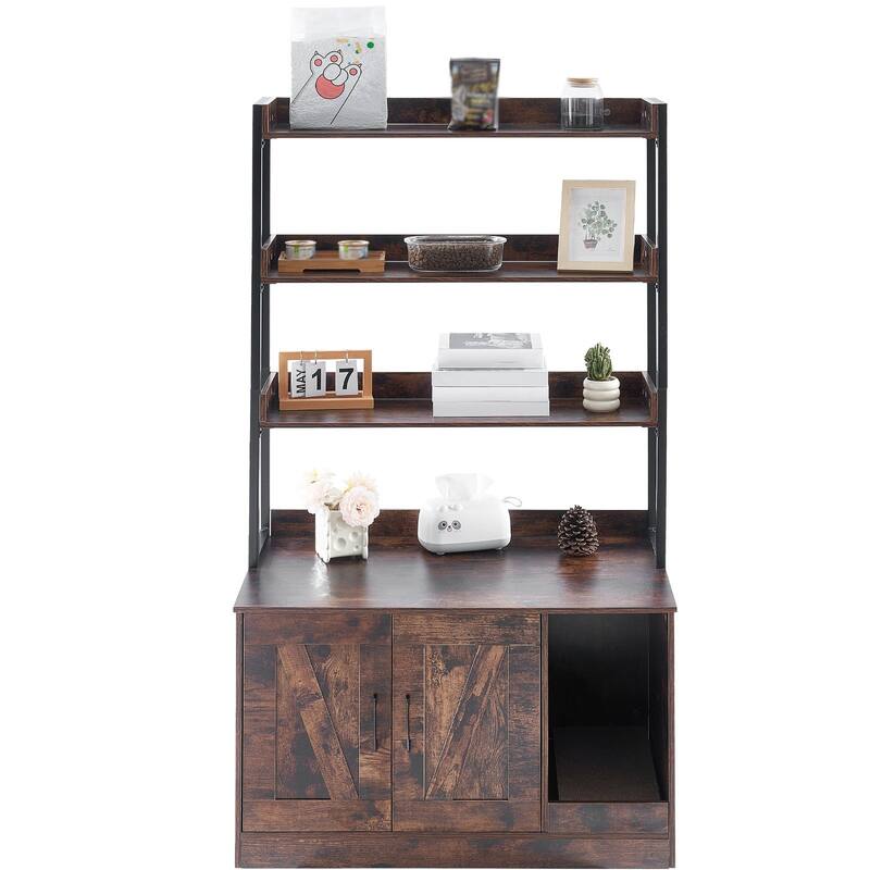 Dark Brown Wooden Cat Litter Box Enclosure Furniture with 3 Shelves and 2 Doors