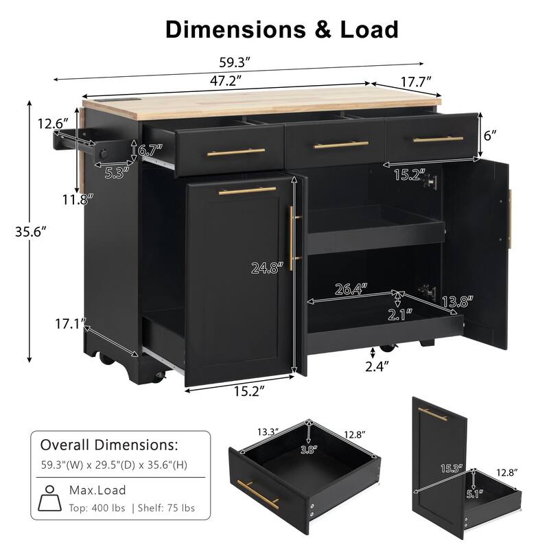 59.3" Rolling Kitchen Island with Drop Leaf, Power Outlet & Trash Can Storage