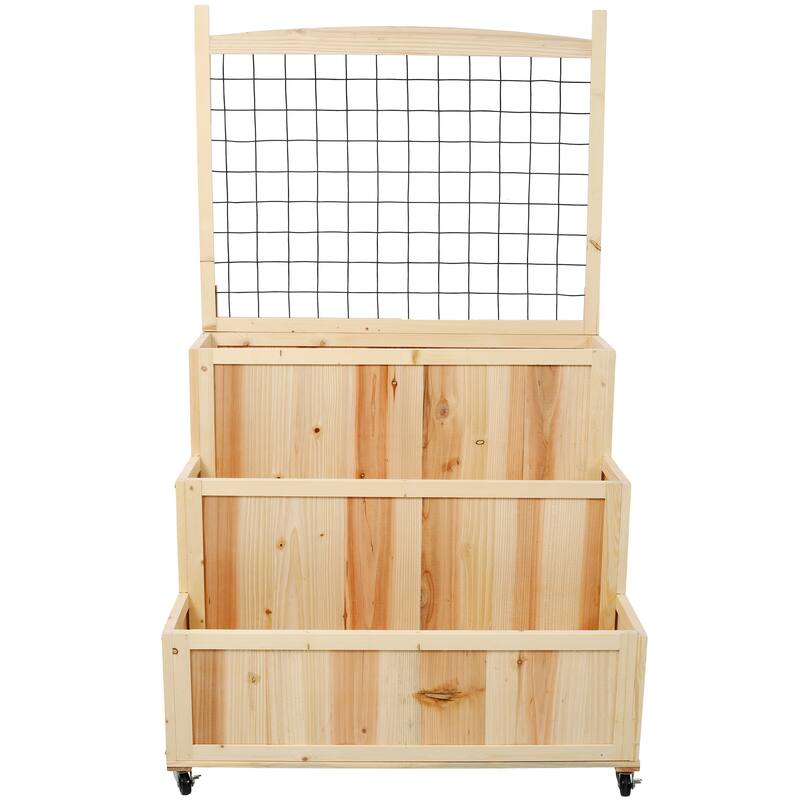 3-Tiers Raised Garden Bed with Trellis, 53" H Vertical Planter Box with Wheels & Back Storage Area