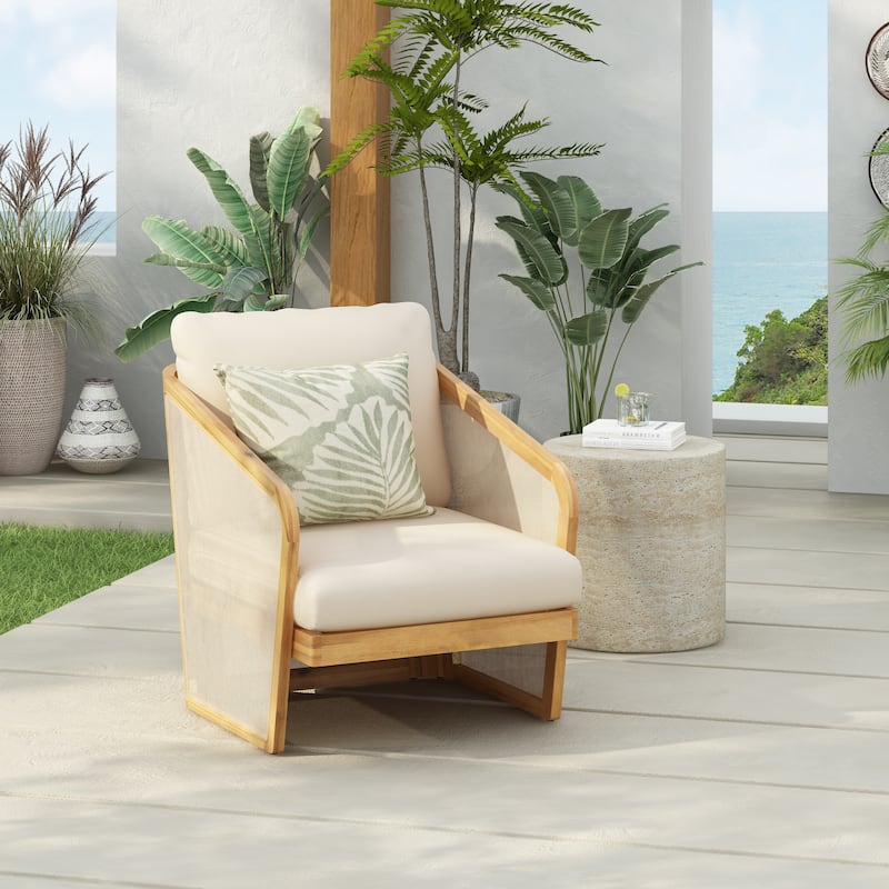 Lenrn Wood Textilene Club Chair with Acacia Frame and Water-Resistant Cushions by Christopher Knight Home - 1 piece - Beige+Textiline
