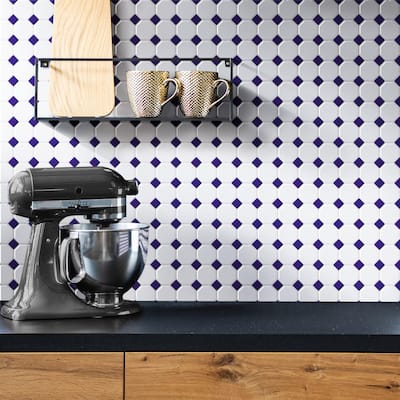 Merola Tile Metro Octagon Matte White w/Cobalt Dot 11-1/2" x 11-1/2" Porcelain Mosaic Tile