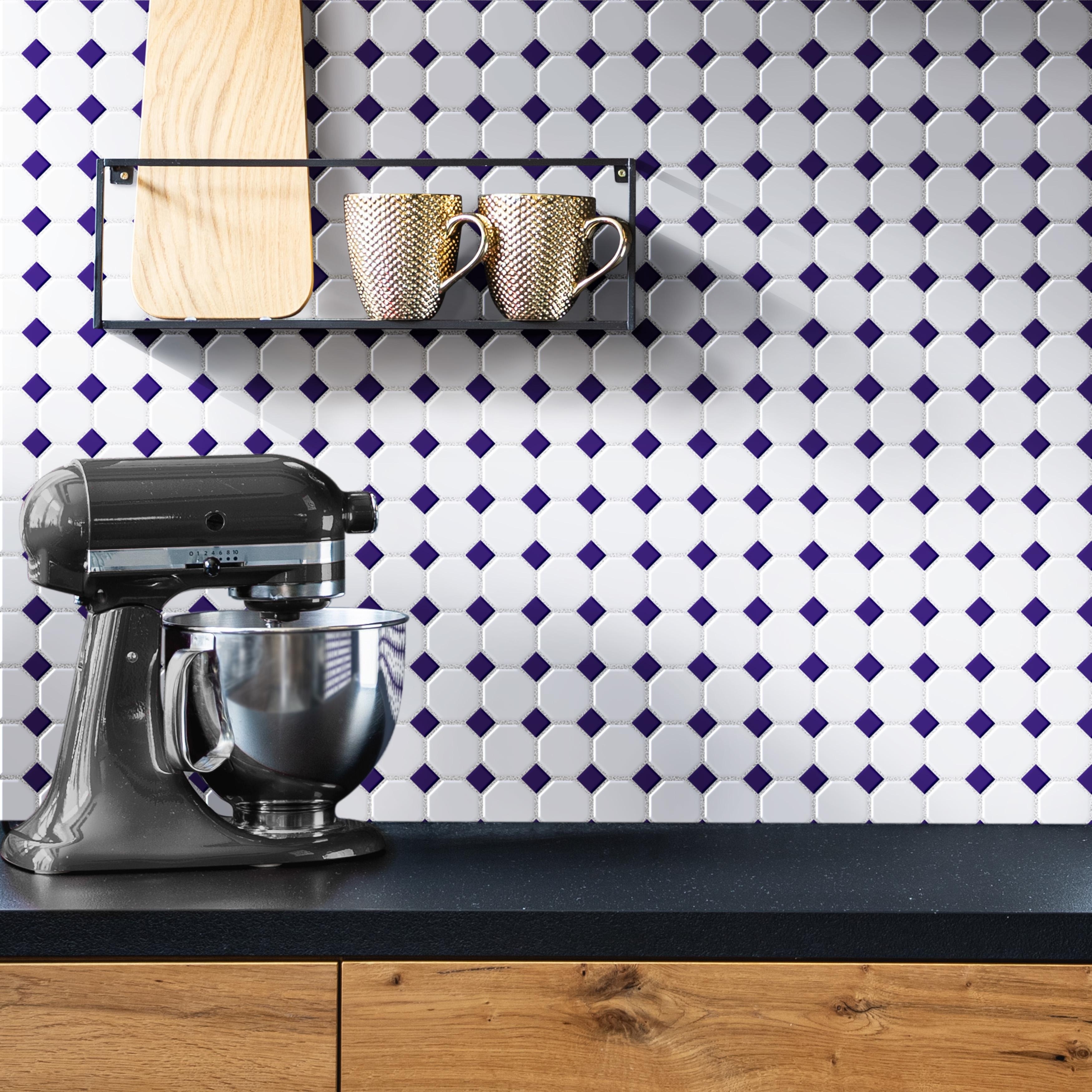 Merola Tile Metro Octagon Matte White w/Cobalt Dot 11-1/2" x 11-1/2" Porcelain Mosaic Floor and Wall Tile