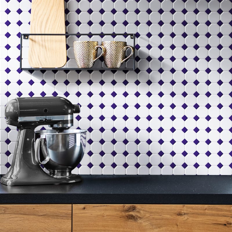 Merola Tile Metro Octagon Matte White w/Cobalt Dot 11-1/2" x 11-1/2" Porcelain Mosaic Tile - Sample swatch